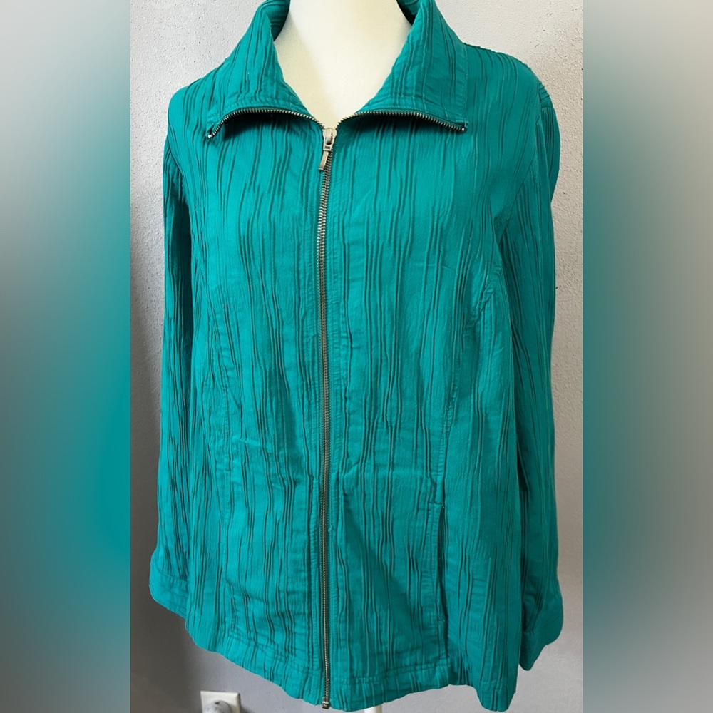 CJ Banks Women’s Teal Cotton Blend Crinkled Zipper Closure Jacket Size X